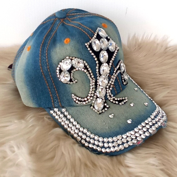 Fleur di Lis Bling 💎 Denim Baseball Cap - Picture 3 of 12